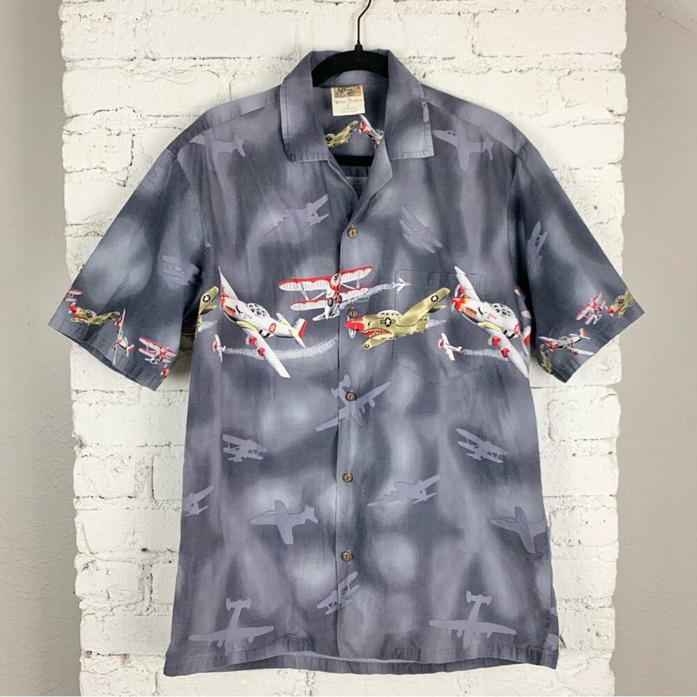 Vintage Winnie Fashion Hawaiian Shirt Airplane Short Sleeve Button Down Large